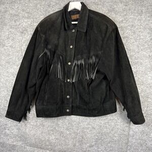 Siena Studio Womens Suede Leather Snap Up Black jacket with Fringe Size Medium
